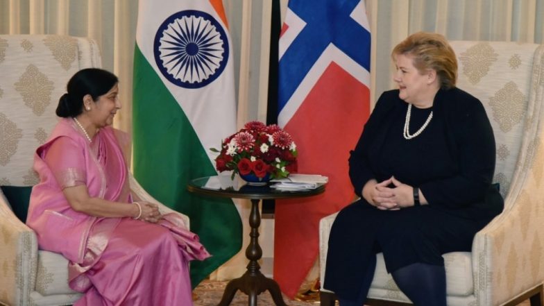 विदेश मंत्री सुषमा स्वराज ने नॉर्वे की प्रधानमंत्री एर्ना सोलबर्ग से की मुलाकात, अहम मुद्दों पर हुई चर्चा