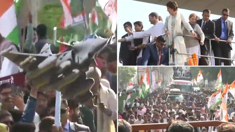 लखनऊ रोड शो में राहुल-प्रियंका ने लहराया राफेल, कार्यकर्ताओं ने लगाए 'चौकीदार चोर है' के नारे