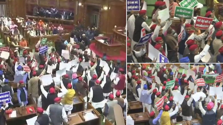 यूपी विधानसभा में जमकर हंगामा, एसपी-बीएसपी विधायकों ने राज्यपाल पर फेंके कागज के गोले, सांड को लेकर किया प्रदर्शन