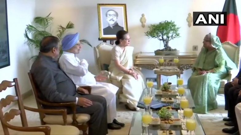 पूर्व प्रधानमंत्री मनमोहन सिंह और कांग्रेस अध्यक्ष सोनिया गांधी ने बांग्लादेशी प्रधानमंत्री शेख हसीना से की मुलाकात