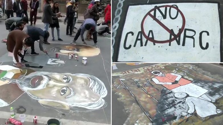 CAA-NRC Protest: जामिया के छात्रों और कई कलाकारों ने मुख्य सड़क पर तस्वीरें बनाकर किया विरोध