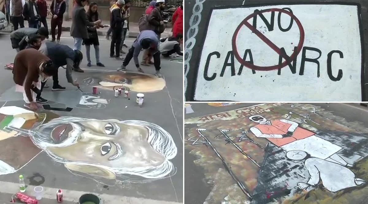 CAA-NRC Protest: जामिया के छात्रों और कई कलाकारों ने मुख्य सड़क पर तस्वीरें बनाकर किया विरोध CAA-NRC Protest: जामिया के छात्रों और कई कलाकारों ने मुख्य सड़क पर तस्वीरें बनाकर किया विरोध