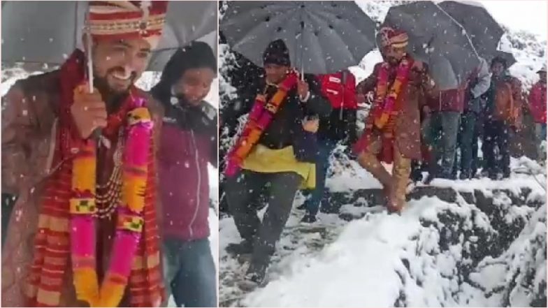 उत्तराखंड: भारी बर्फबारी के बीच दूल्हा 4 किलोमीटर पैदल चलकर पहुंचा दुल्हन के घर, देखें वायरल तस्वीरें