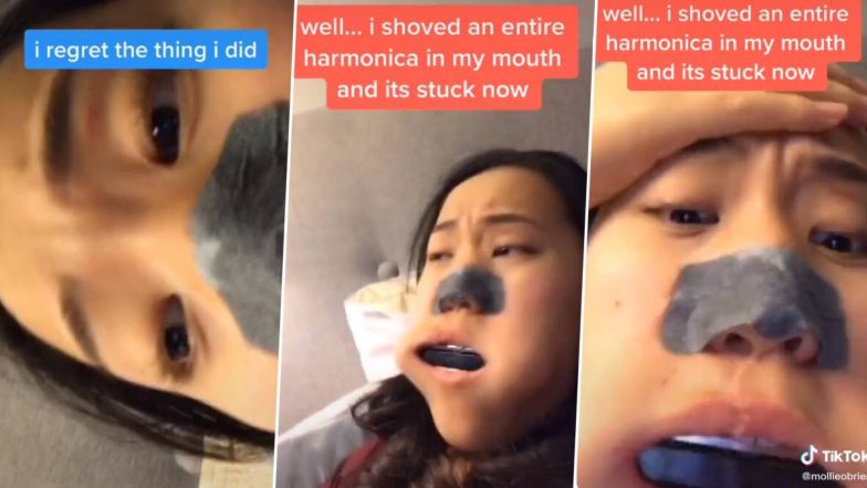 TikTok यूजर के मुंह में फंसा हार्मोनिका तो हुआ उसका बुरा हाल, सांस लेते ही बजने लगता संगीत, देखें वायरल वीडियो
