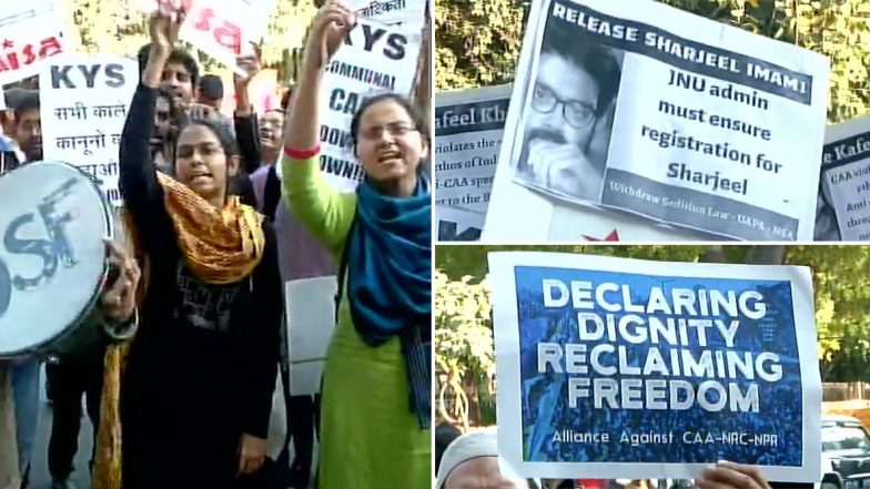 CAA-NRC और NPR के खिलाफ जंतर मंतर पर जेएनयू के छात्रों का विरोध प्रदर्शन, आइशी घोष सहित सभी ने लगाए शरजील इमाम को छोड़ने के नारे
