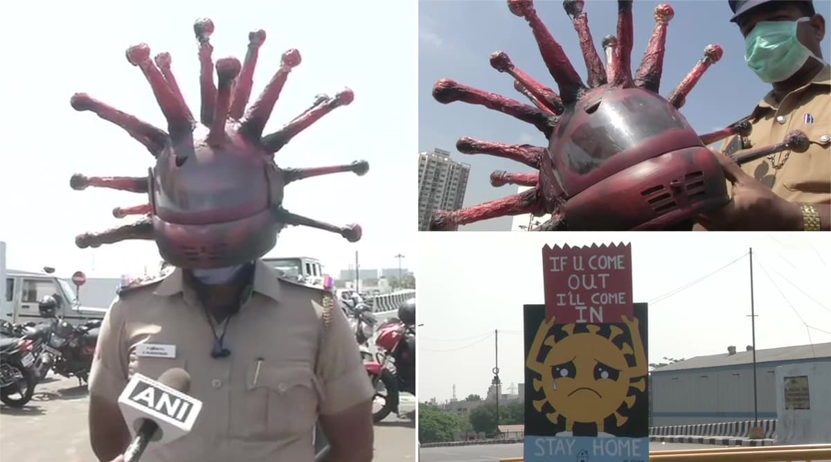 Corona Helmet: चेन्नई में कोरोना हेलमेट पहनकर पुलिस कर रही है लोगों को जागरूक, आर्टिस्ट गौतम ने किया है तैयार