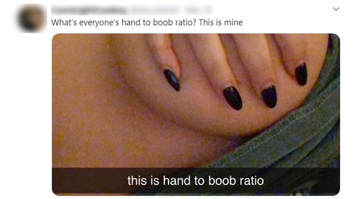 'What Is Your Hand to Boob Ratio?' ट्विटर पर हो रहा है ट्रेंड, यूजर्स अपने ब्रेस्ट की NSFW तस्वीरें कर रहे हैं शेयर 'What Is Your Hand to Boob Ratio?' ट्विटर पर हो रहा है ट्रेंड, यूजर्स अपने ब्रेस्ट की NSFW तस्वीरें कर रहे हैं शेयर