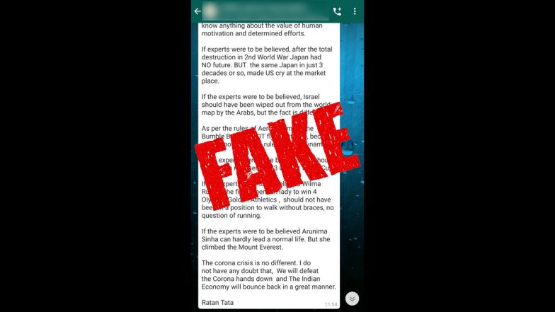 Fact Check: भारतीय अर्थव्यवस्था पर कोरोना वायरस के प्रभाव को लेकर रतन टाटा के नाम से वायरल हो रहा पोस्ट निकला फेक, यहां पढ़ें क्या है सच्चाई