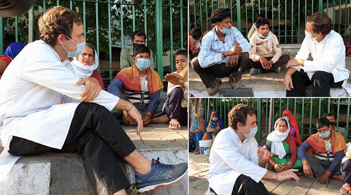 दिल्ली से पैदल घर जा रहे प्रवासी मजदूरों से राहुल गांधी ने की मुलाकात, उनके साथ फुटपाथ पर बैठकर जाना हाल, देखें तस्वीर