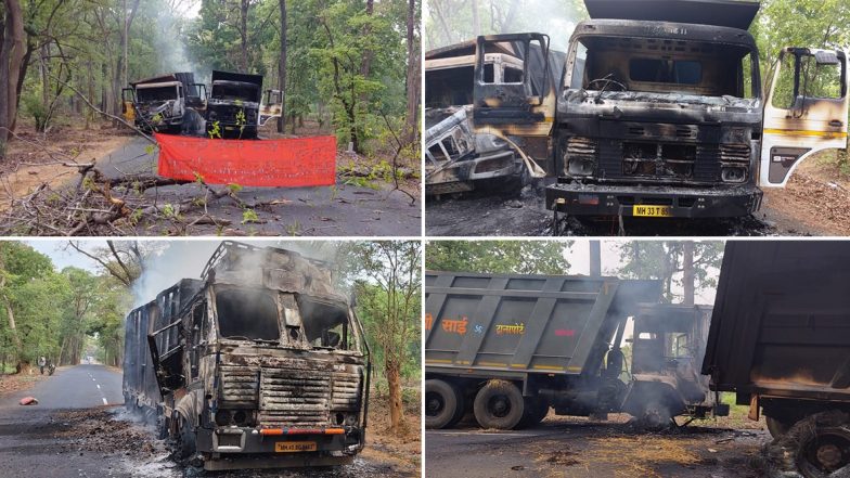 महाराष्ट्र: गढ़चिरौली के धनोरा क्षेत्र में सड़क निर्माण कार्य के लिए लगे तीन ट्रकों को नक्सलियों ने किया आग के हवाले