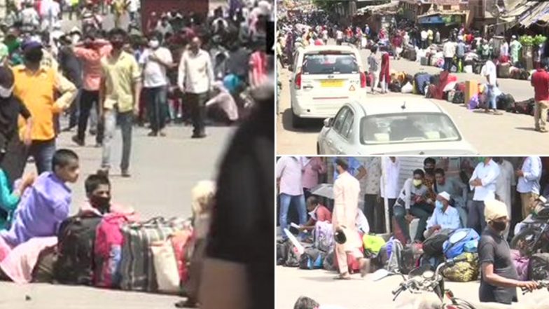 कोरोना का भय: मुंबई के धारावी में प्रवासियों की उमड़ी हुजूम, सुबह से कर रहे हैं बसों का इंतजार