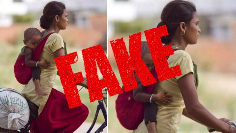 Fact Check: पीठ पर बच्चे को बांधकर साइकिल चलाती महिला की तस्वीर वायरल, जिसमें उसे बताया गया है प्रवासी मजदूर, जानें क्या है इस दावे की सच्चाई