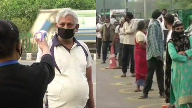 दिल्ली: ओखला मंडी में खरीदारी के लिए पहुंचे लोगों का थर्मामीटर गन से चेक किया जा रहा है तापमान, टोकन नंबर के लिए लगी कतार