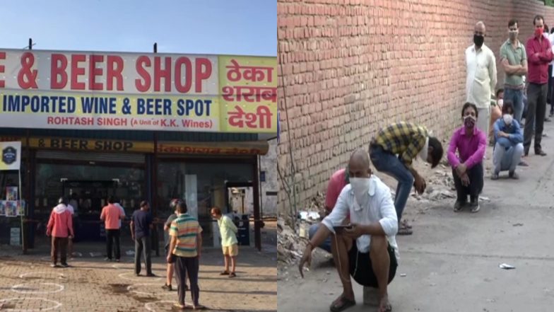 शराब की दुकान खुलने से पहले ही लगी लोगों की लंबी लाइन, देखें हरियाणा के सोहना चौक और दिल्ली के कापसहेड़ा बॉर्डर की तस्वीरें