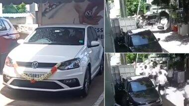 ब्रांड न्यू VW पोलो कार के चालक ने खोया नियंत्रण, शोरूम के गेट पर हुआ एक्सीडेंट (Watch Accident Video)