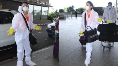 PPE किट् पहनकर एअरपोर्ट पहुंची रकुल प्रीत सिंह, कोरोना से बचाव के लिए हर तरीके अपनाती दिखी एक्ट्रेस
