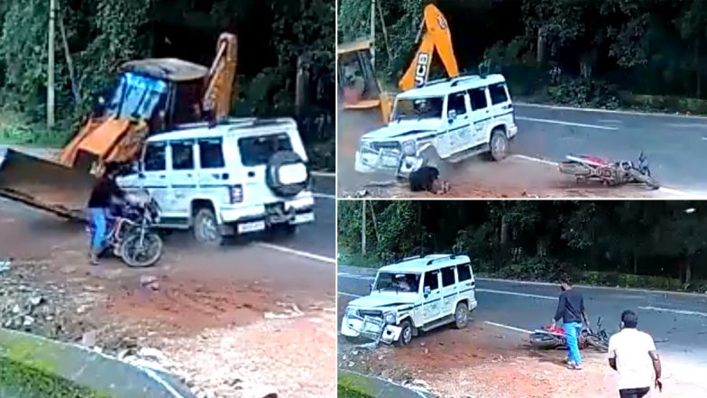 OMG! अनियंत्रित जेसीबी मशीन की चपेट में आने से बाल-बाल बचा शख्स, मसीहा बनकर Mahindra Bolero ने ऐसे बचाई जान (Watch Viral Video)