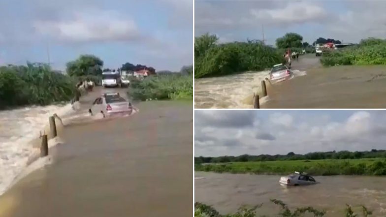 आंध्र प्रदेश: बाढ़ के कारण पुल पार करते समय 2 यात्रियो सहित नदी में बह गई कार, देखें दिल दहला देने वाला वीडियो