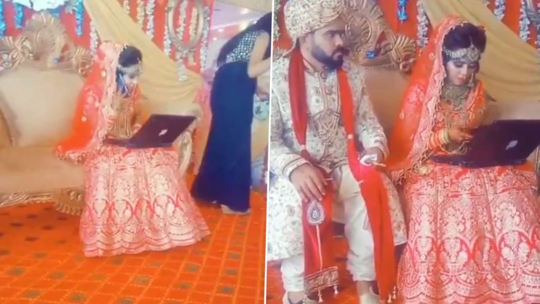 शादी के दौरान स्टेज पर लैपटॉप में काम करती दिखी दुल्हन, क्या यह लास्ट मिनट ऑफिस प्रेजेंटेशन कॉल था या रिश्तेदारों के साथ वीडियो कॉन्फ्रेंसिंग? ट्विटर यूजर्स के बीच छिड़ी बहस