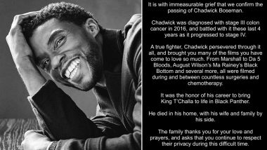 Chadwick Boseman Passes Away: ब्लैक पैंथर स्टार चैडविक बोसमैन का कैंसर के चलते हुआ निधन, परिवार ने आधिकारिक बयान जारी करके दी ये दुखद खबर