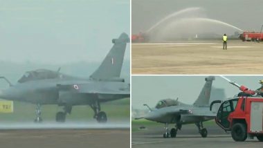 Rafale Fighter Aircraft: IAF की ताकत बढ़ने से चीन और पाकिस्तान की उड़ेगी नींद,  वाटर कैनन सेल्यूट के साथ राफेल विमान शामिल, राजनाथ सिंह बोले-महत्त्वपूर्ण और एतिहासिक क्षण है