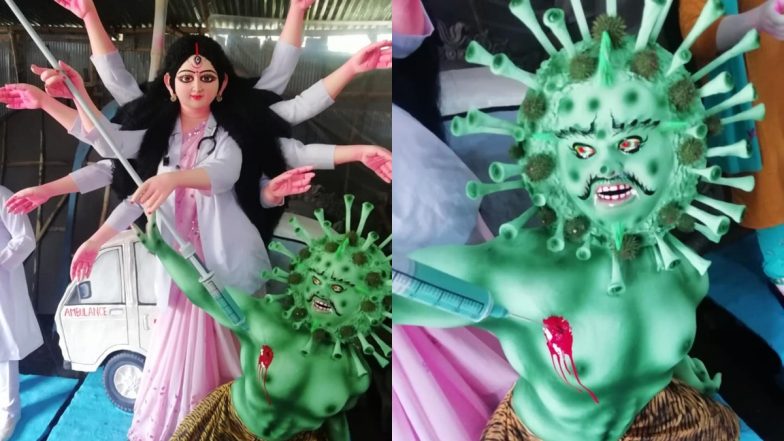 Durga Puja 2020: एक कलाकार ने बनाई मां दुर्गा की अद्भुत प्रतिमा, डॉक्टर के वेश में रही हैं महिषासुर रूपी कोरोना वायरस का वध (See Viral Pics)
