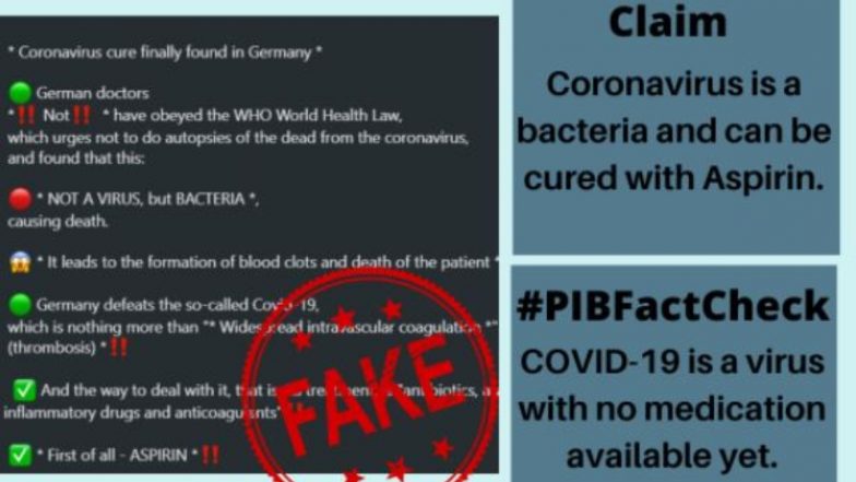 Fact Check: कोविड-19 एक बैक्टीरिया है जो Intravascular Coagulation का कारण बनता है और Aspirin से ठीक हो सकता है? PIB से जानें WhatsApp वायरल मैसेज की सच्चाई