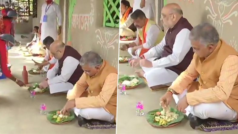 Amit Shah in West Bengal: गृहमंत्री अमित शाह ने बेलिजुरी गांव में किसान के घर किया भोजन, देखें तस्वीर