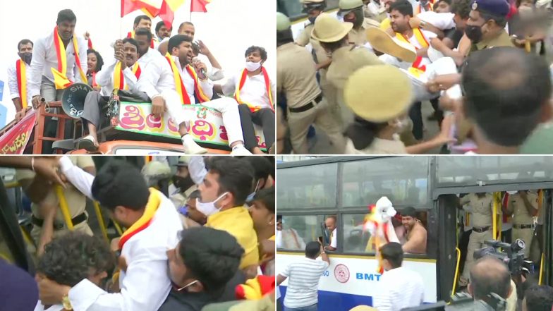 Karnataka Bandh Today: प्रदर्शन कर रहे प्रो-कन्नड़ कार्यकर्ताओं को टाउन हॉल से पुलिस ने किया गिरफ्तार, देखें तस्वीर
