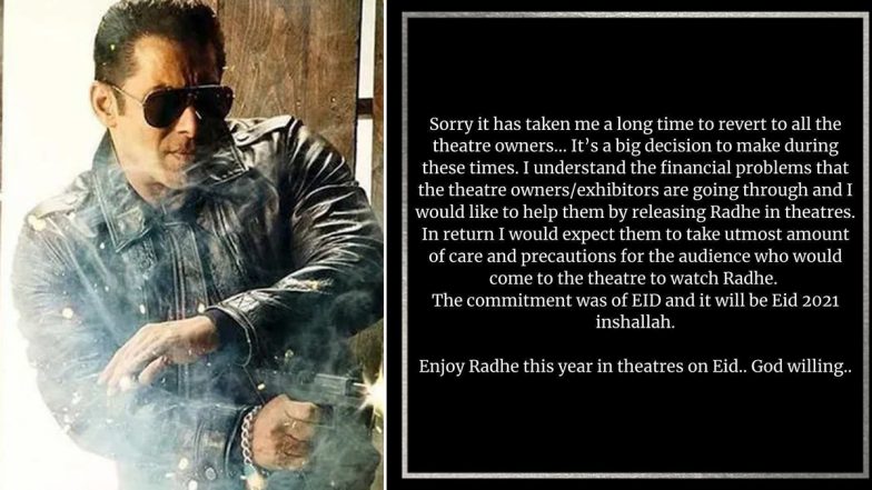 Salman Khan की फिल्म 'Radhe: Your Most Wanted Bhai' थिएटर्स में होगी रिलीज, दबंग एक्टर ने की पुष्टि