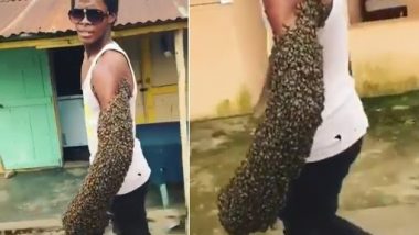 Man Transporting Thousands of Bees on his Arm: अपनी मुट्ठी में रानी और भुजा में मधुमक्खियों के झुंड को स्थानांतरित करते शख्स का वीडियो वायरल