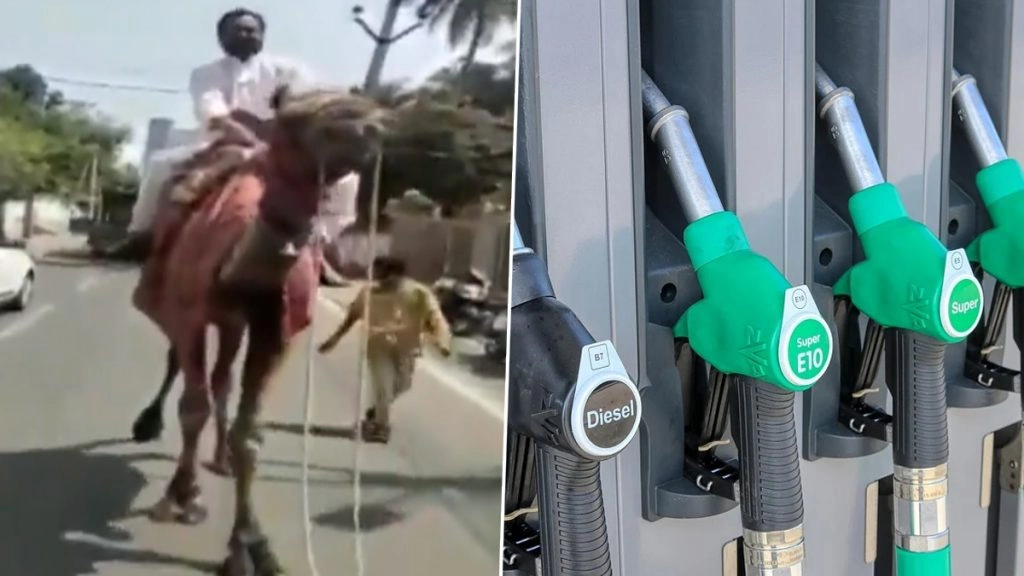 तेल के बढ़ते दामों का जीवी हर्षकुमार ने अनोखे अंदाज में किया विरोध, ऊंट पर सवार होकर पहुंचे राजमुंदरी