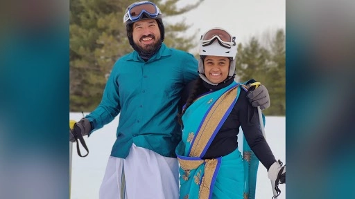 एनआरआई कपल ने धोती और साड़ी में की स्कीइंग, वायरल वीडियो ने इंटरनेट पर लगाई आग