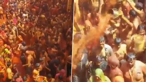 मथुरा: दाऊजी मंदिर परिसर में भक्तों ने खेली कपड़ा फाड़ होली, देखें वीडियो