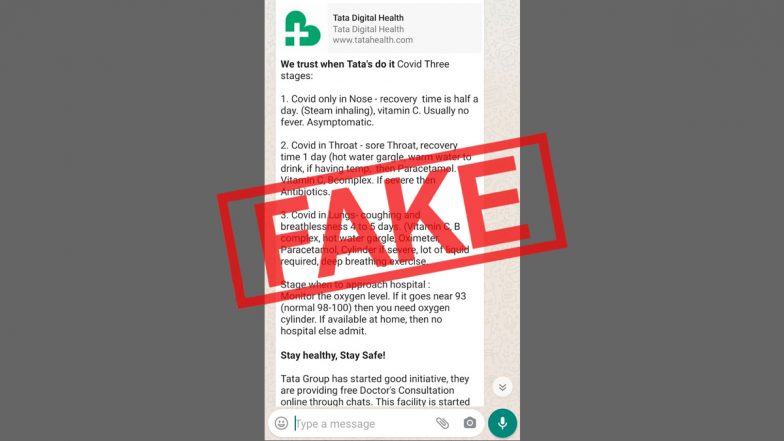 Fact Check: टाटा हेल्थ के नाम पर 'COVID-19 Three Stages' इलाज का व्हाट्सएप मैसेज इस साल फिर आया सामने, जानें इस वायरल मैसेज की सच्चाई