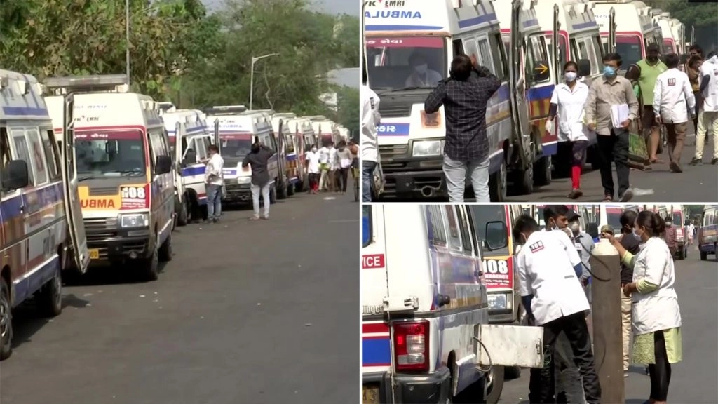 अहमदाबाद में अस्पताल के बाहर लगी एंबुलेंस की लंबी कतारें