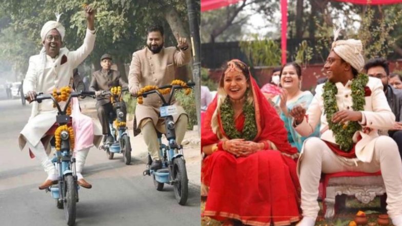 Eco-Friendly Wedding: इलेक्ट्रिक साइकिल पर सवार होकर मंडप पहुंचा दूल्हा, तुलसी की माला से हुआ जयमाल, इको-फ्रेंडली शादी की तस्वीरें हुईं वायरल