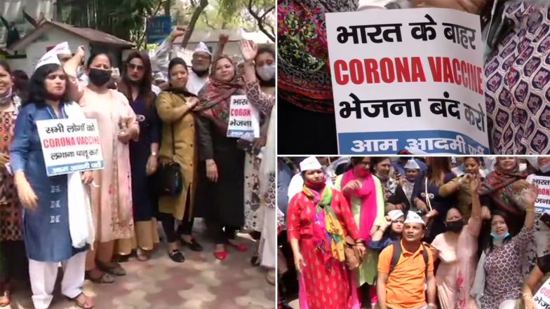 कोविड-19 वैक्सीन के निर्यात के खिलाफ AAP ने किया प्रदर्शन