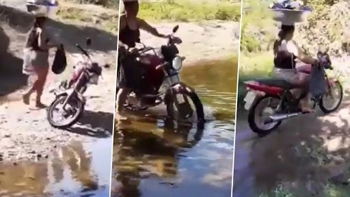  सिर पर बर्तन और ढेर सारा सामान लेकर महिला ने पानी में चलाई बाइक, वीडियो देख हो जाएंगे दंग