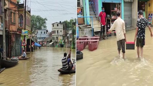 भारी बारिश के कारण पश्चिमी मिदनापुर के घाटल में आयी बाढ़, आवाजाही के लिए लेना पड़ रहा है नाव का सहारा