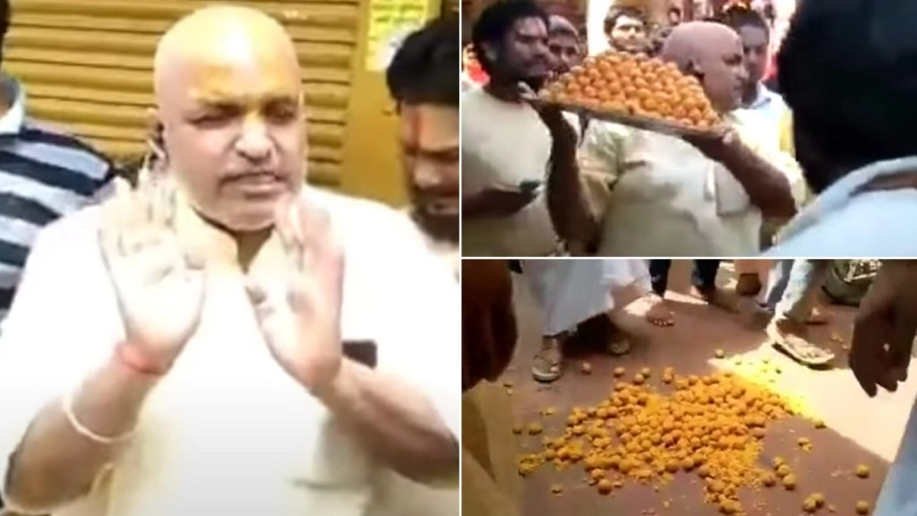 हनुमानगढ़ी मंदिर में लड्डू चढ़ाने को लेकर हुआ विवाद, पुजारियों ने सड़क पर फेंकवाए बासी लड्डू (Watch Video)