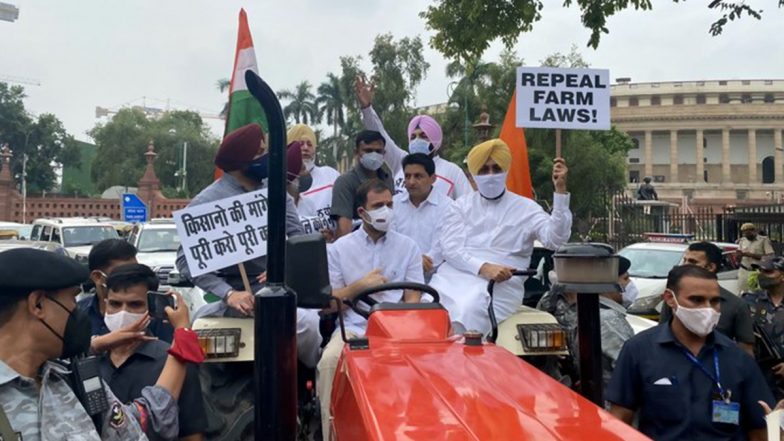 Farmers Protest: कृषि कानूनों के विरोध में ट्रैक्टर चलाकर संसद पहुंचे राहुल गांधी, हिरासत में लिए गए कांग्रेस नेता