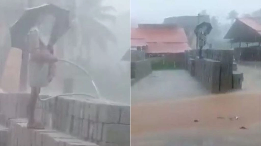 तेज बारिश में छाता लेकर ईंट पर पानी डालते इस शख्स को देख चकरा जाएगा आपका सिर, मजेदार वीडियो हुआ वायरल