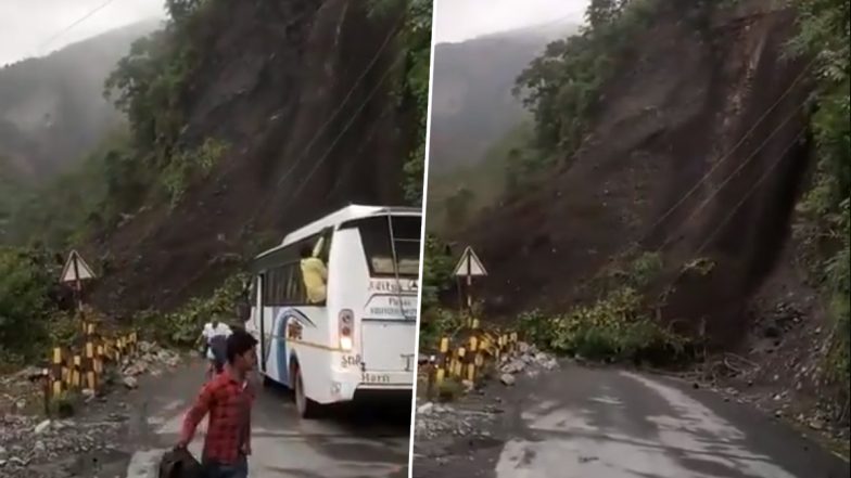 उत्तराखंड में जारी है कुदरत का कहर! नैनीताल में भूस्खलन की चपेट में आने से बाल-बाल बची बस (Watch Video)