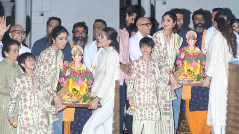 Shilpa Shetty ने घर विराजे बाप्पा को धूमधाम से किया विदा, बेटे के साथ सेम लुक में आई नजर (Photos)