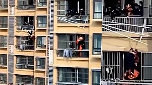 82 वर्षीय महिला 18वीं मंजिल की बालकनी से नीचे गिरने के बाद लटकी, उसके बाद जो हुआ...देखें वीडियो