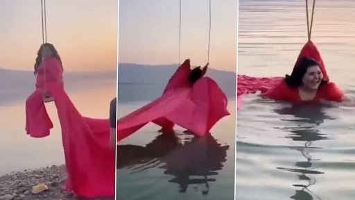  लड़की कर रही थी नदी पर फोटोशूट, अचानक हुआ कुछ ऐसा...देखें वीडियो