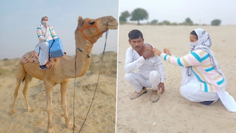 Har Ghar Dastak: ऊंट पर सवार होकर वैक्सीन लगाने पहुंची महिला स्वास्थ्यकर्मी, केंद्रीय स्वास्थ्य मंत्री ने शेयर की Pics, कहा- संकल्प और कर्तव्यनिष्ठा का संगम