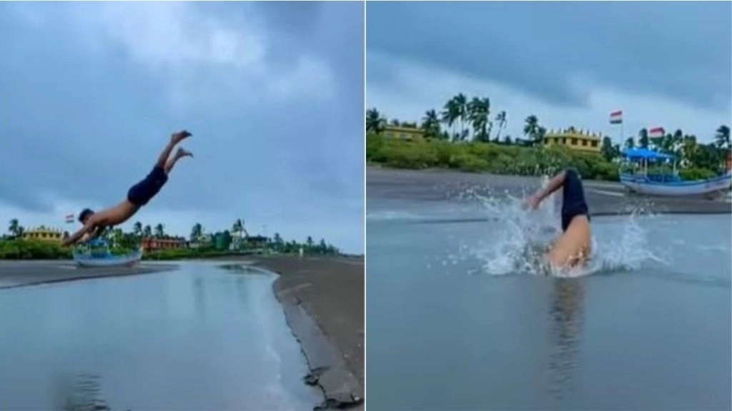 पानी में छलांग लगाकर स्टंट कर रहा था शख्स, लेकिन हुआ कुछ ऐसा कि गिरा सीधे मुंह के बल (Watch Viral Video)