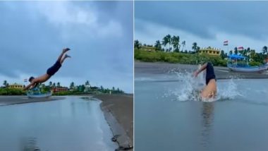 पानी में छलांग लगाकर स्टंट कर रहा था शख्स, लेकिन हुआ कुछ ऐसा कि गिरा सीधे मुंह के बल (Watch Viral Video)